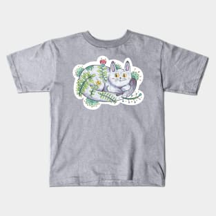 Cute Floral Cat Chilling and Curled Up Kids T-Shirt